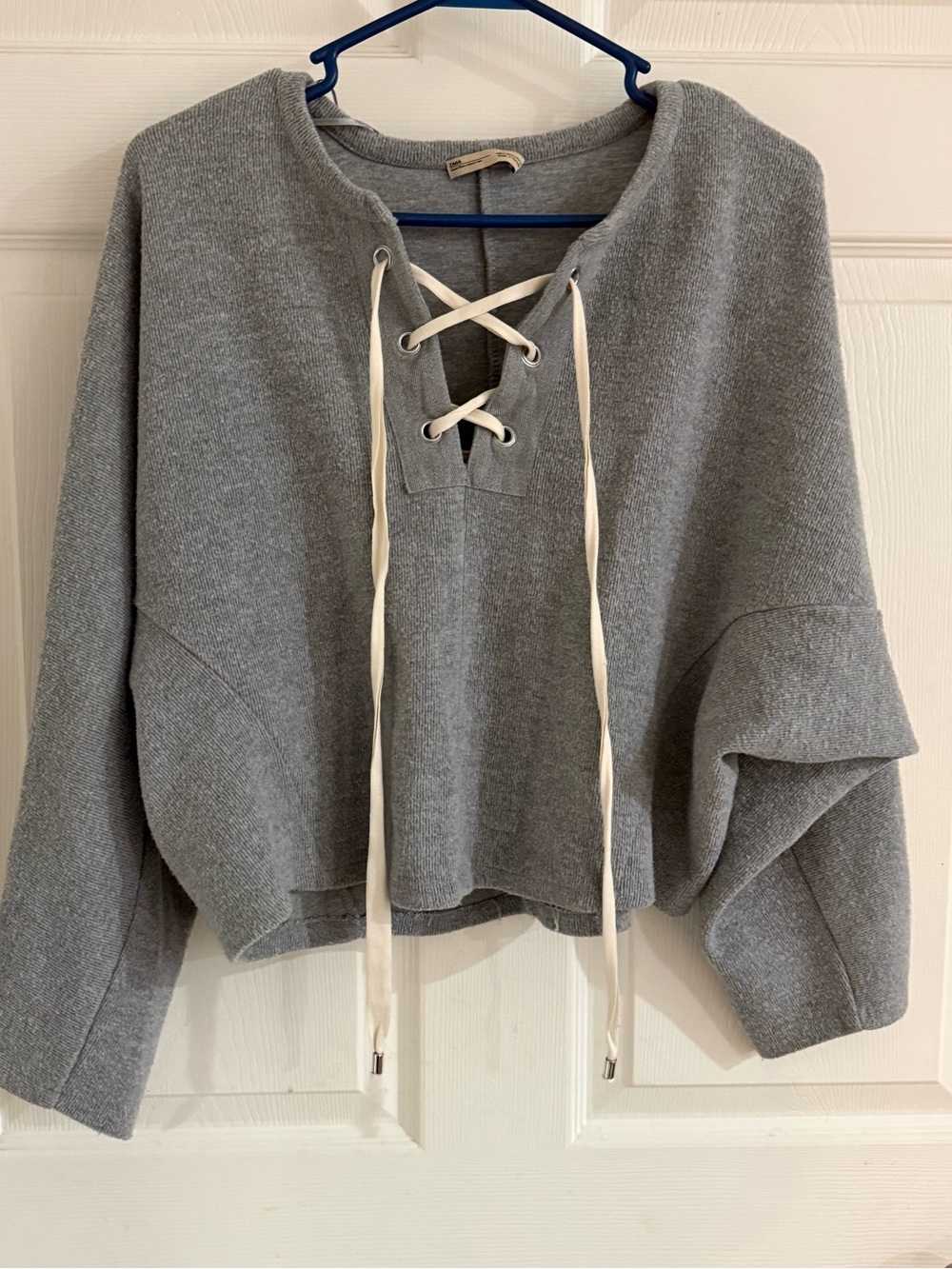 Zara Gray Knit Pullover with Ivory Drawstrings